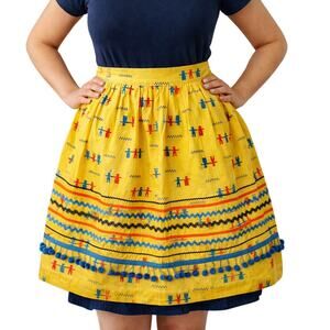 Vintage 60s Waist Apron Yellow Dutch Folk Print Pom Pom Lined